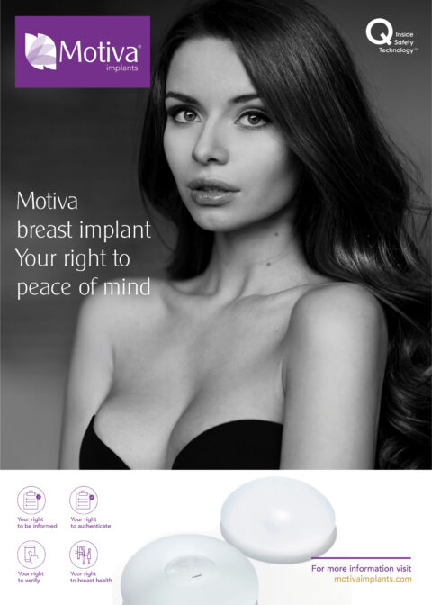 Model with Motiva breast implant product poster